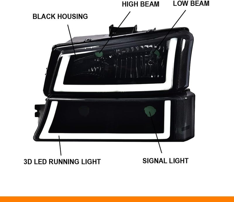 GPLUS LED DRL Headlights, Compatible with 2003-2006 Chevy Silverado 1500/1500 HD/2500 HD/3500 Smoky Lens Black Housing Clear Reflector Bumper Headlamps,faros delanteros - Image 4